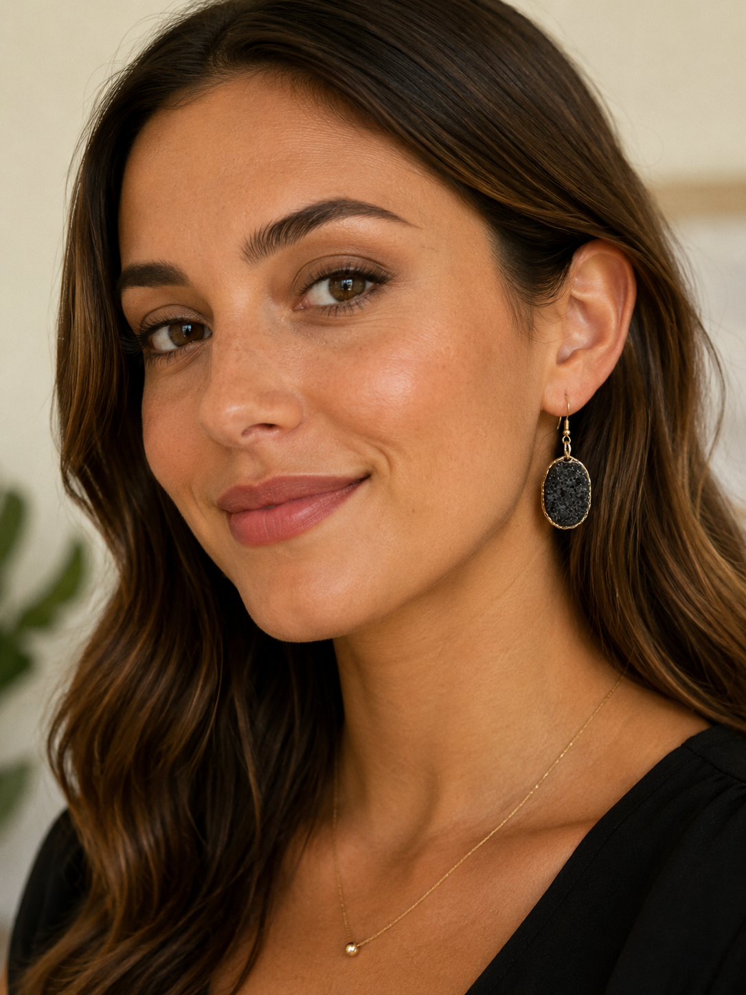 Black Oval Drop Earrings with Gold Trim | Trendy Lightweight Statement Earrings