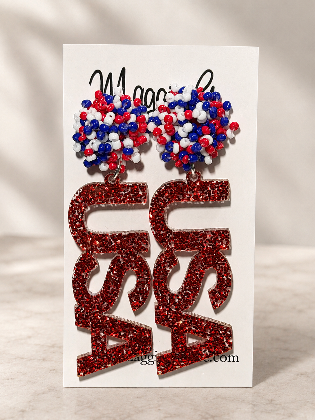 Patriotic Red Glitter USA Acrylic Statement Earrings | Red White & Blue Beaded Dangles