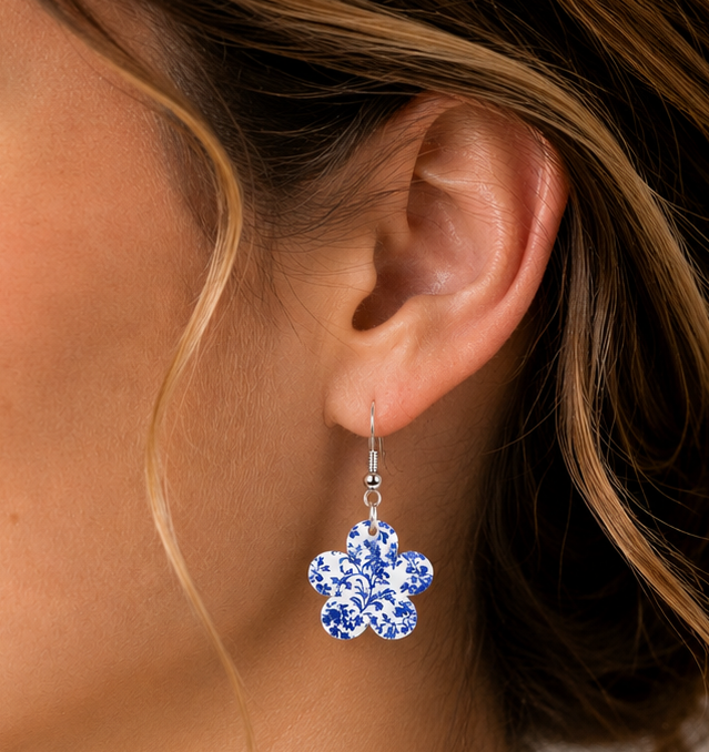 Blue Chinoiserie Floral Flower Dangle Earrings