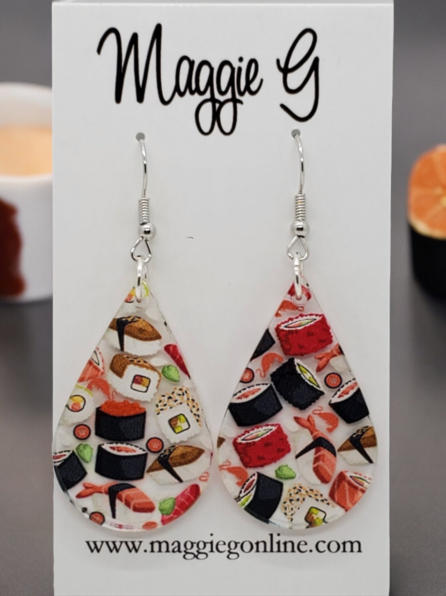 Sushi Roll Lover Earrings, Seafood Sushi Earrings, Statement Sushi Acrylic Earrings