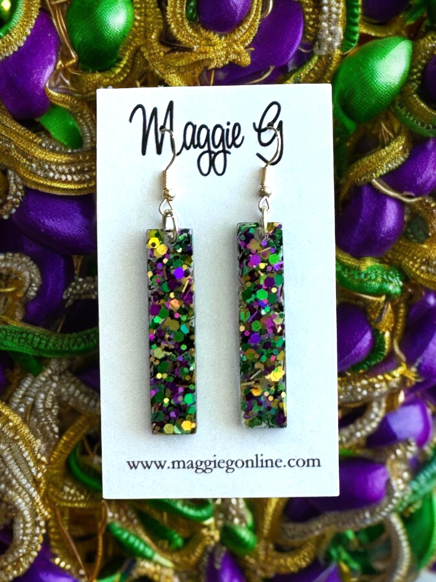 Mardi Gras Bar earring / Handmade resin and glitter earrings