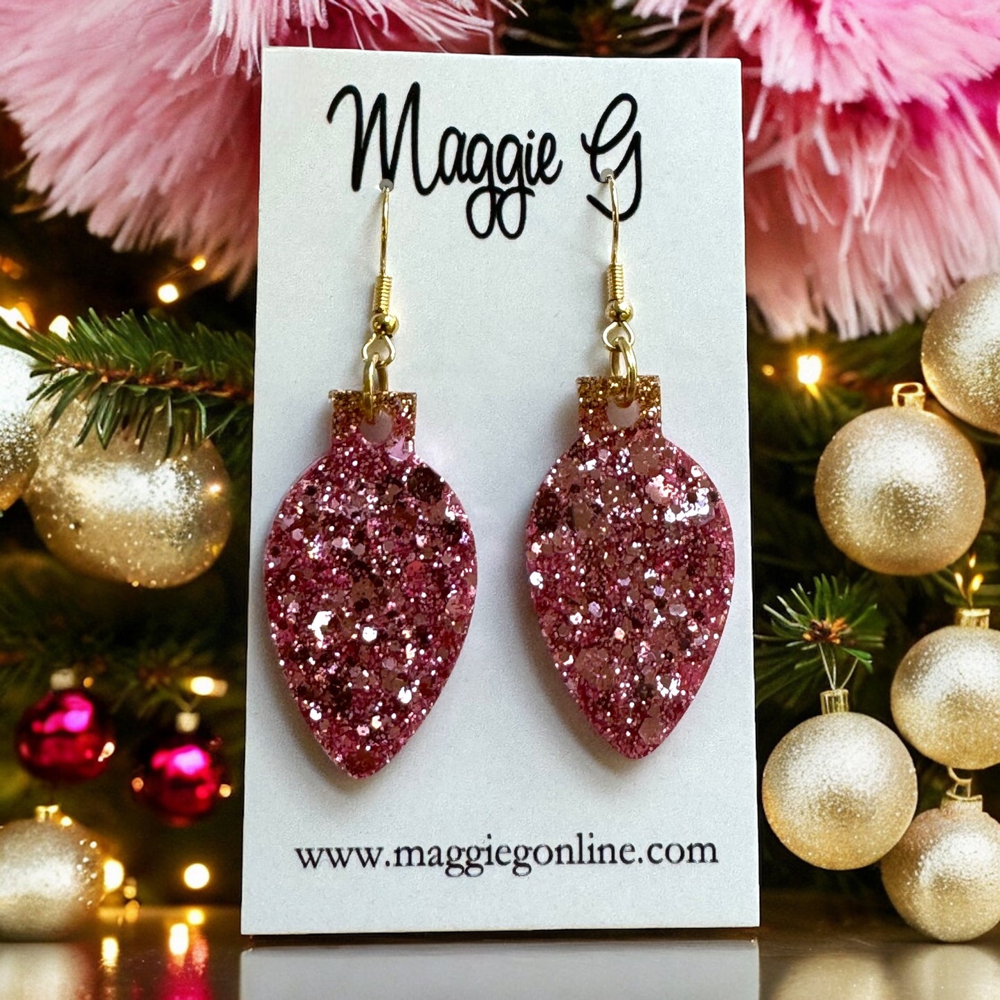 Christmas Light Bulb Earrings Pink and Gold Glitter