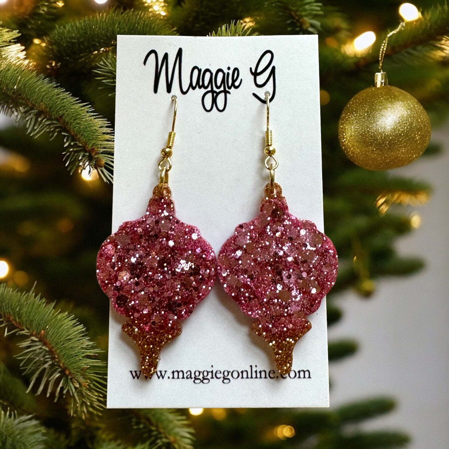 Christmas Ornament Earrings Pink Gold Glitter