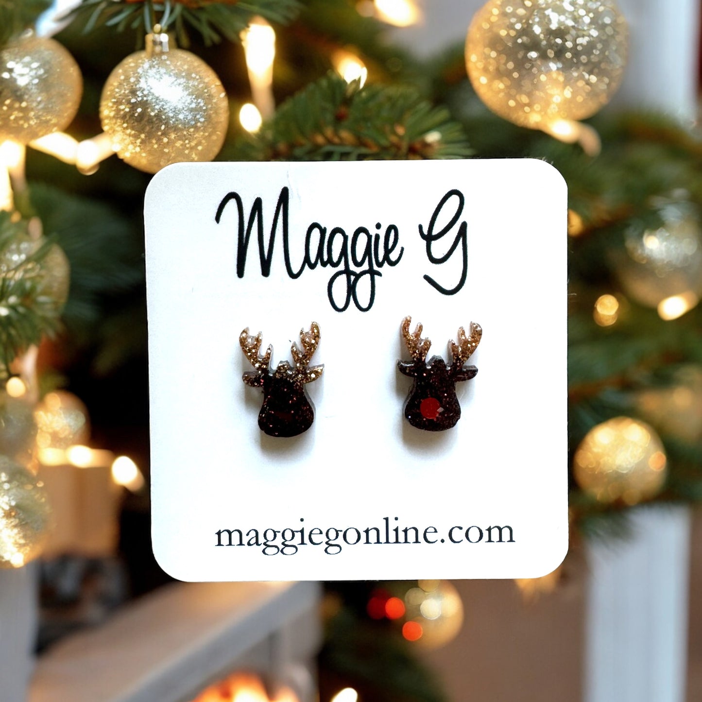 Handmade resin and glitter Reindeer earrings small studs.