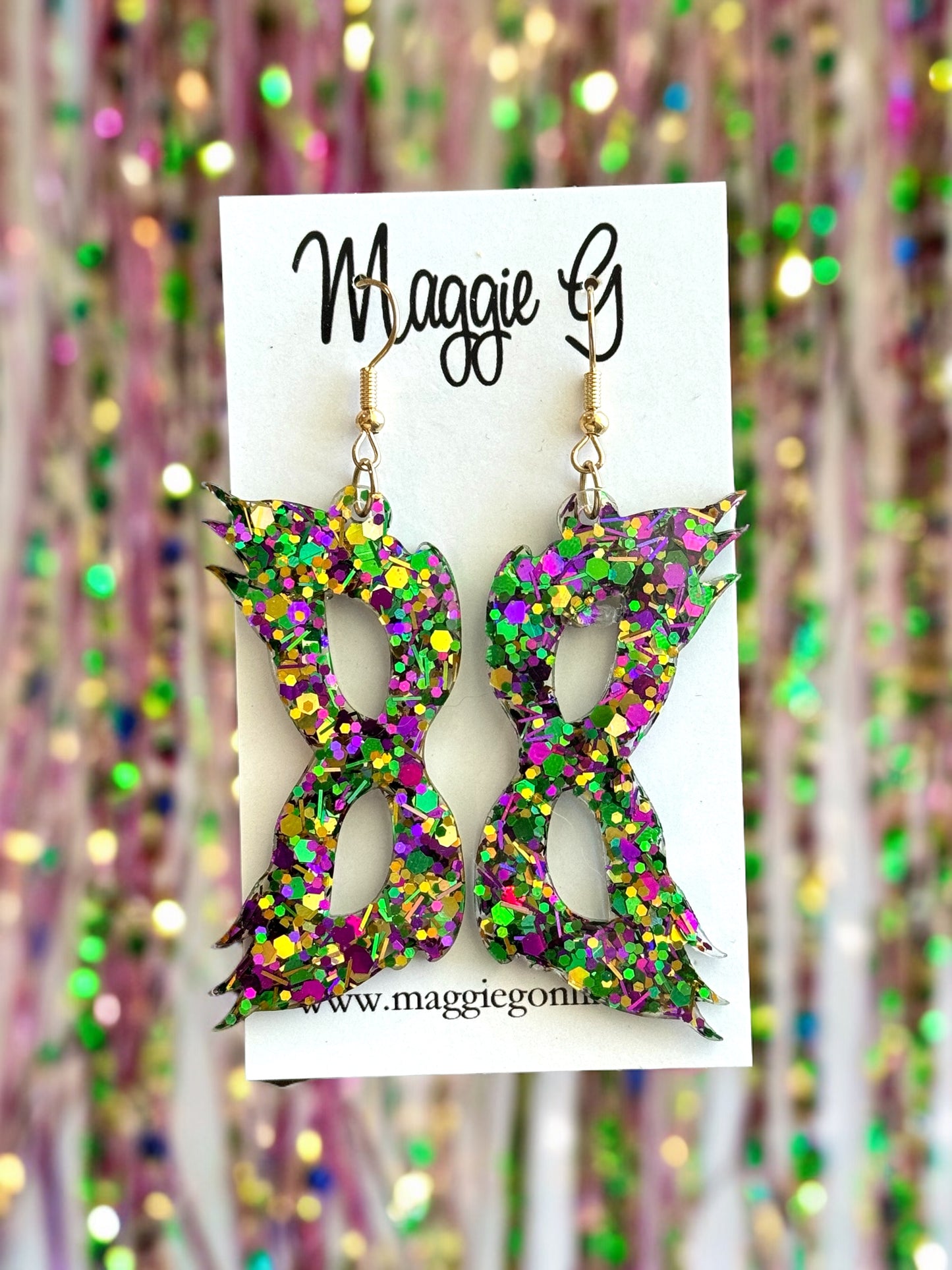 Mardi Gras Mask/ Handmade resin and glitter earrings