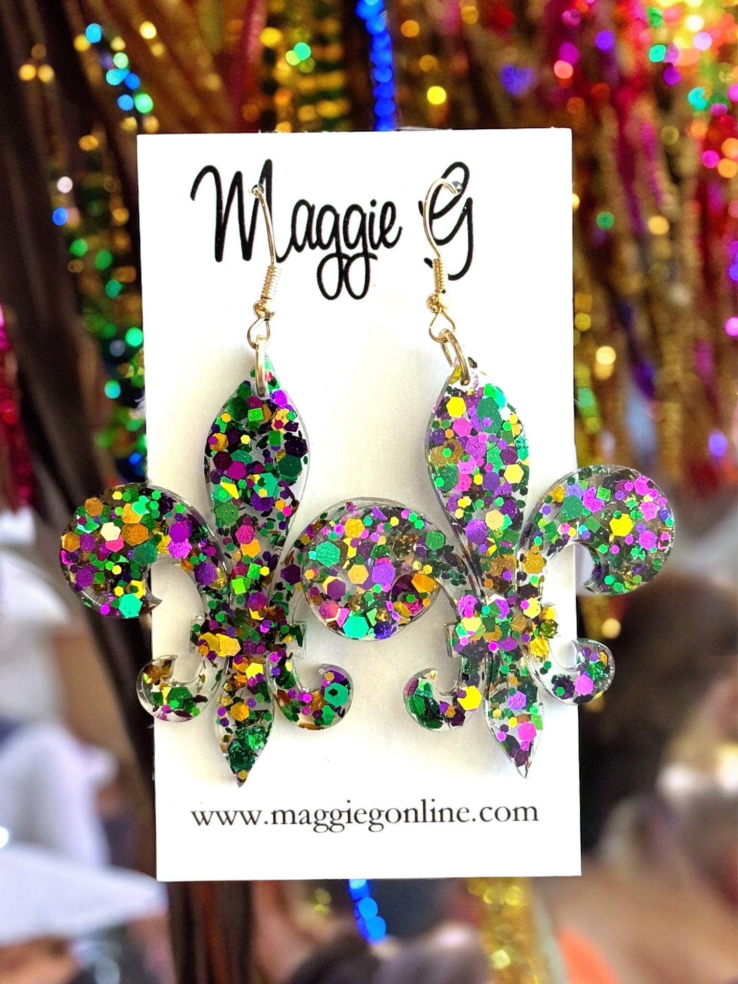 Fleur de Lis Mardi Gras Glitter / Handmade resin and glitter earrings