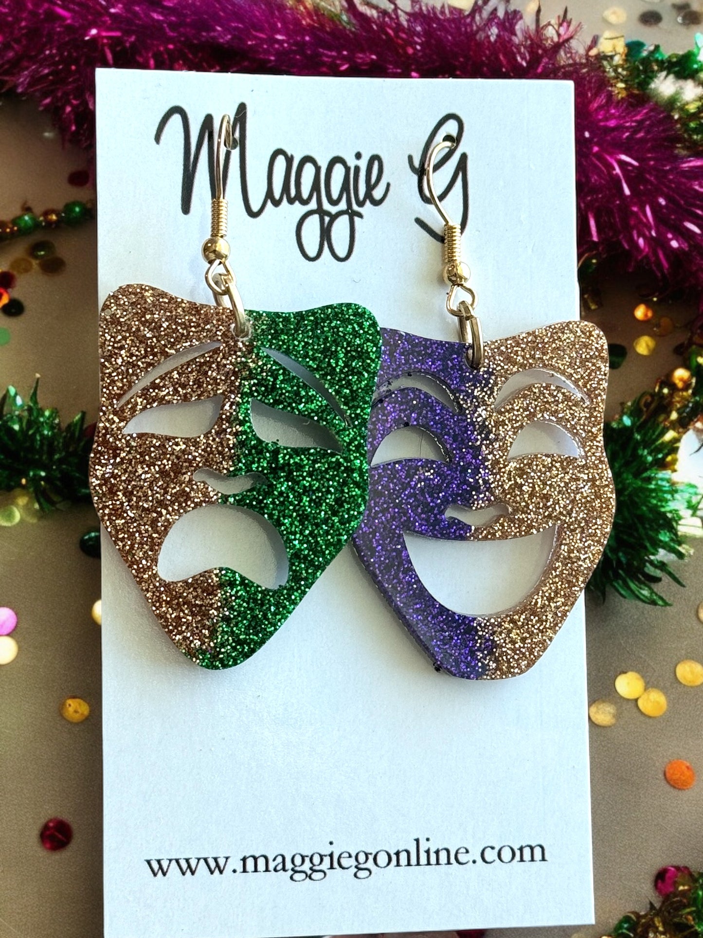 Mardi Gras comedy and tragedy masks Handmade resin and glitter earrings