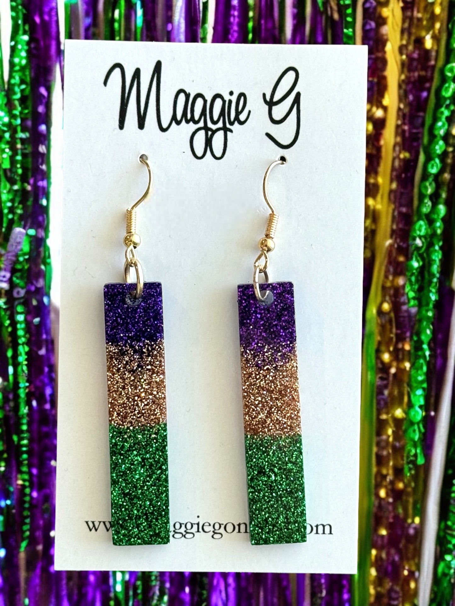 Mardi Gras Bar earring / Handmade resin and glitter earrings