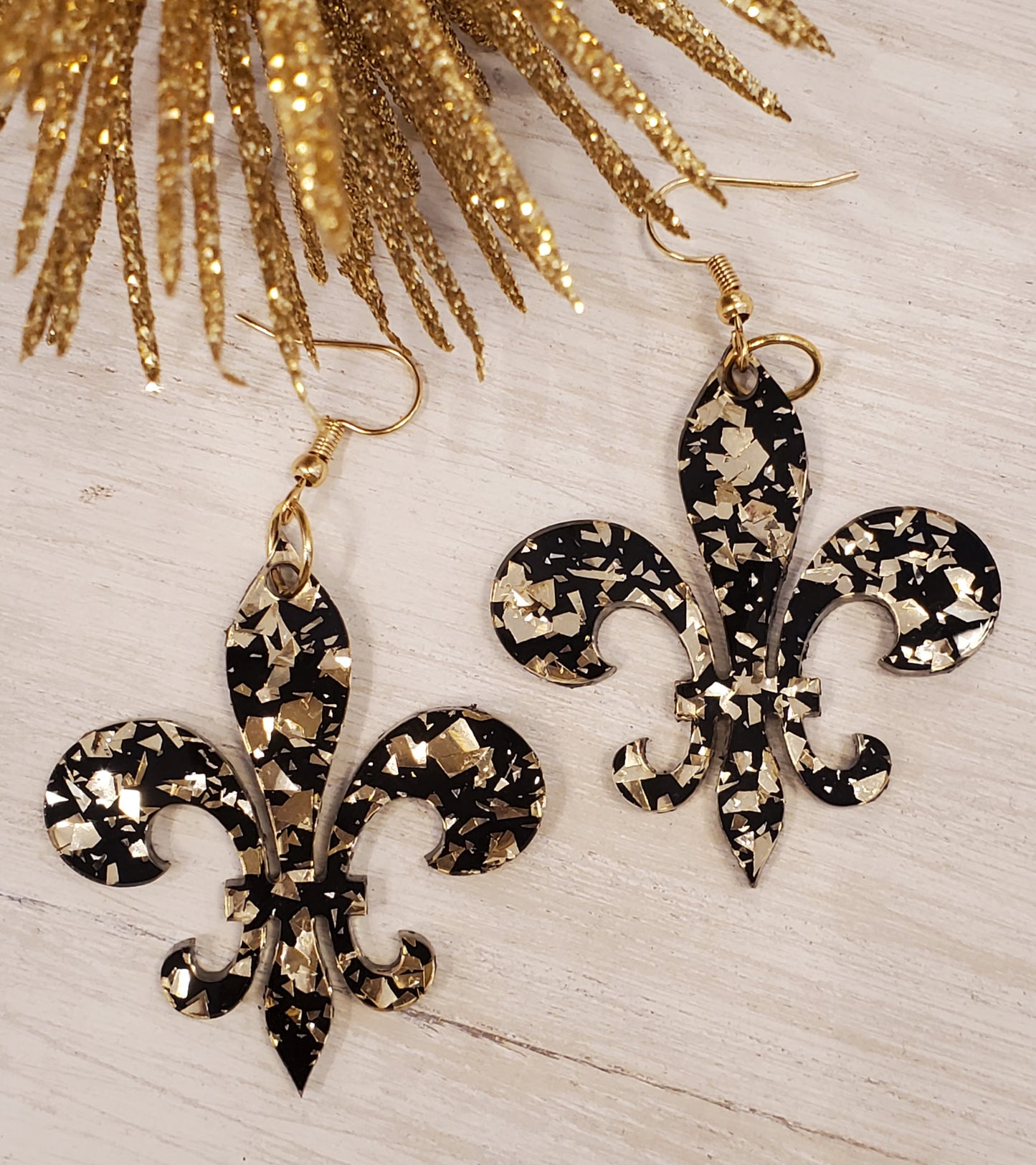 Fleur de Lis Black & Gold Glitter Acrylic Earrings