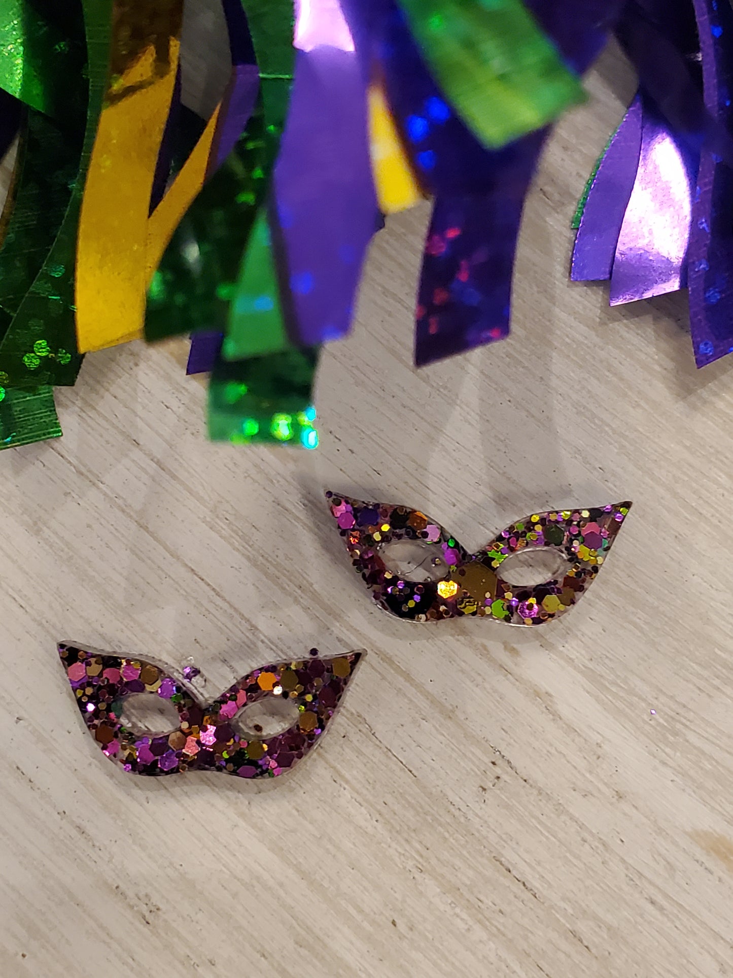 Handmade resin and glitter Mardi Gras Mask earrings small studs