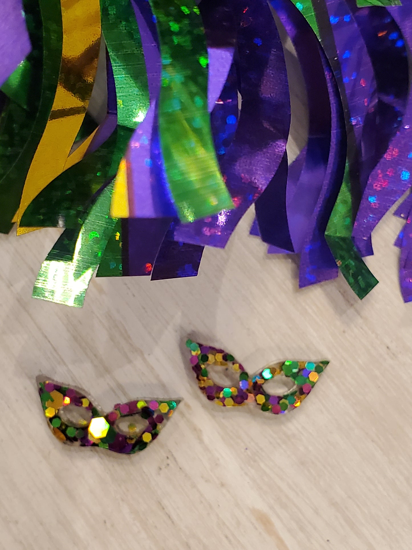 Handmade resin and glitter Mardi Gras mask earrings small studs