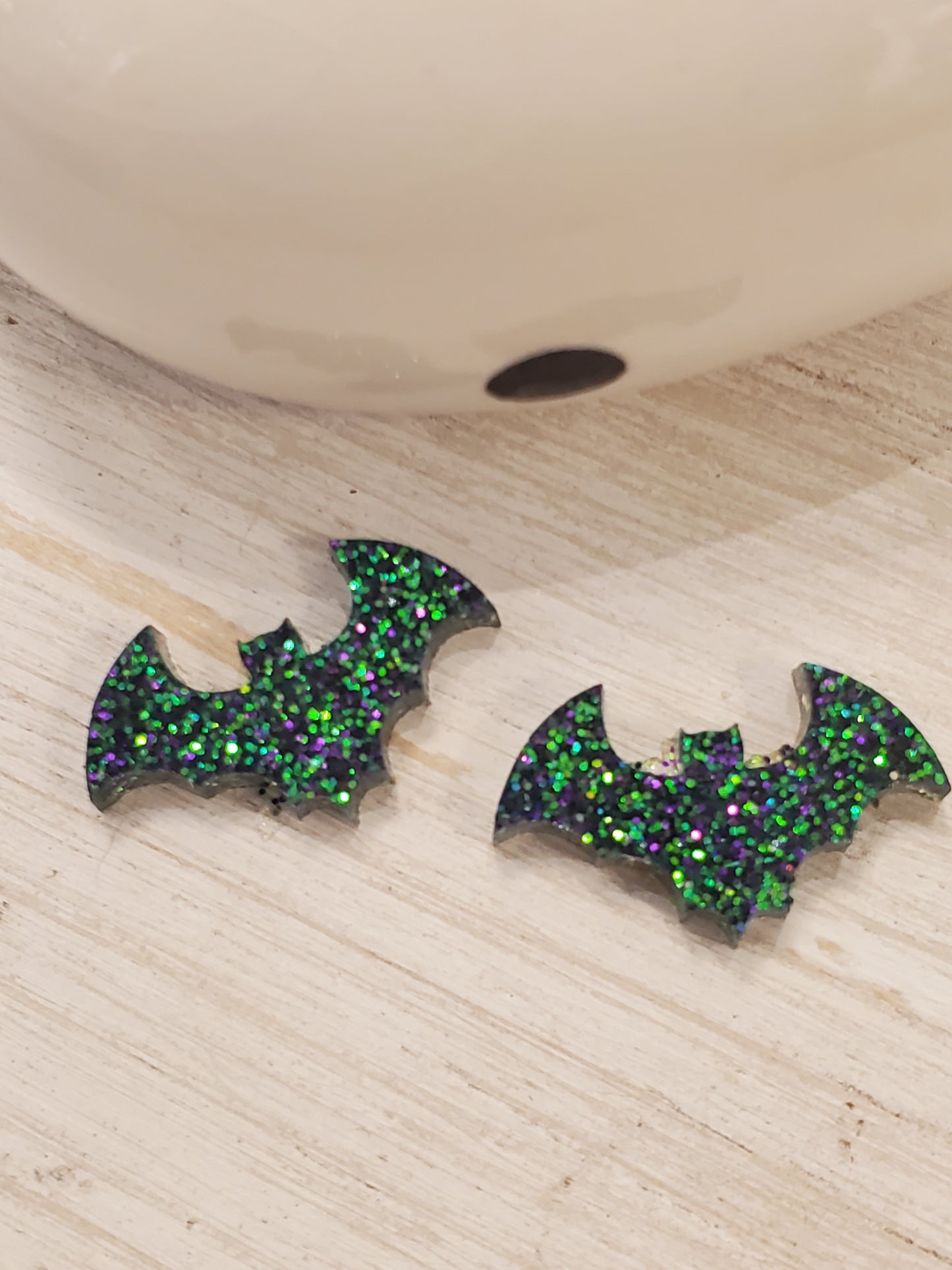 Handmade resin and glitter Bats Purple / green earrings small studs