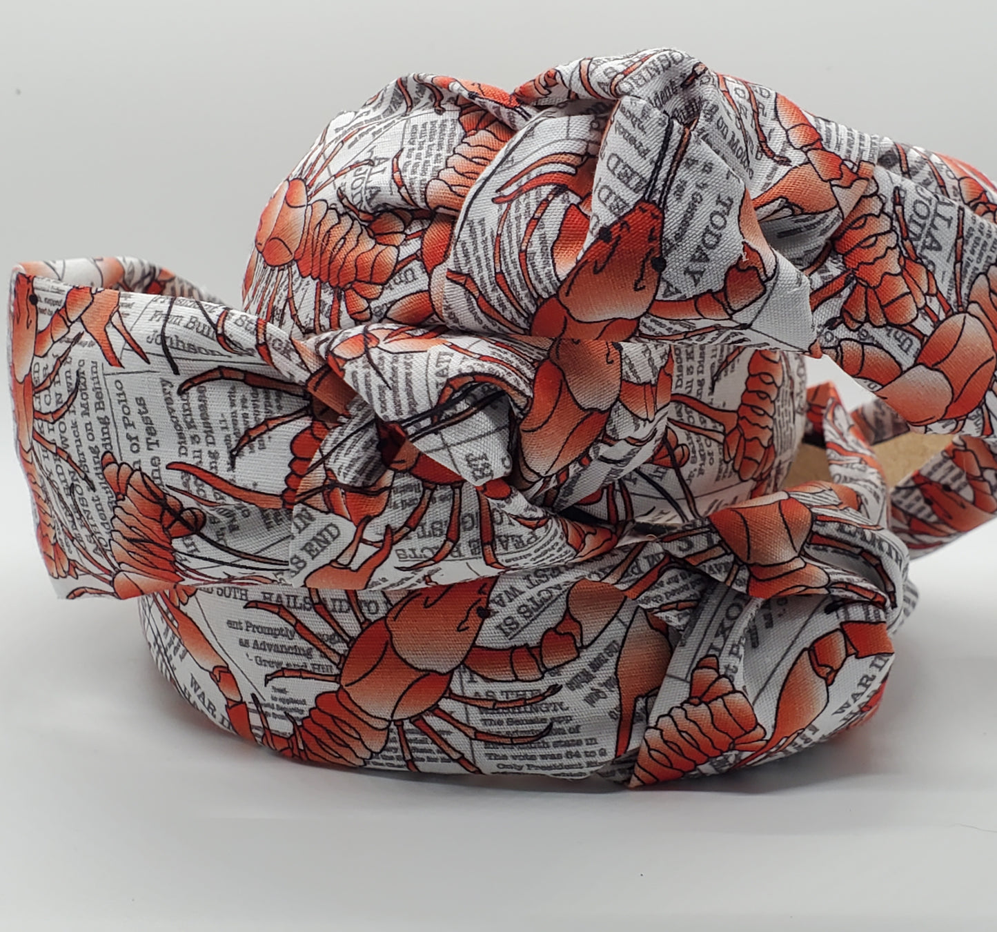 Crawfish on Newspaper Headband, Mud Bugs, Seafood Headband, Knotted Headband