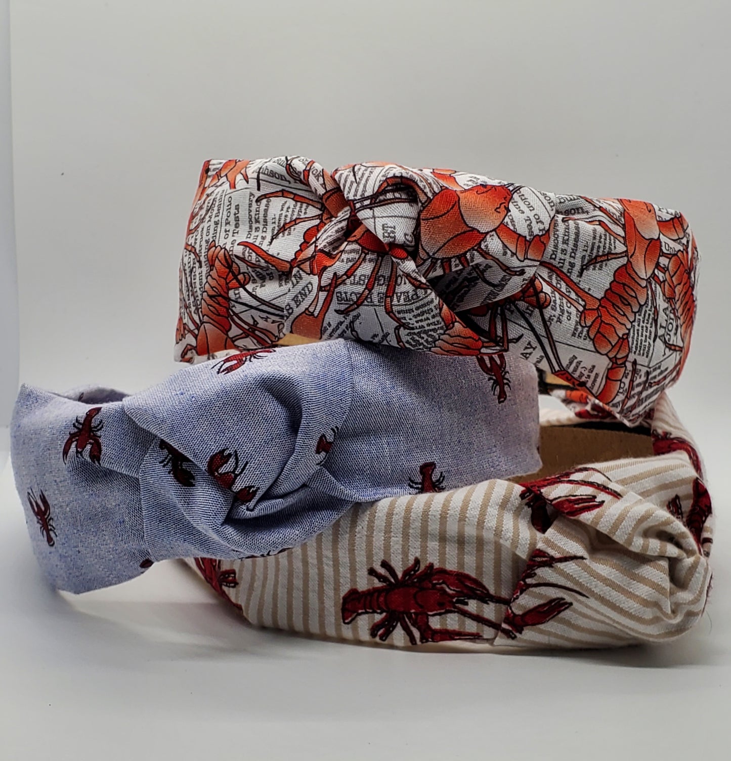 Crawfish on Seersucker fabric Headband, Mud Bugs, Seafood Headband, Knotted Headband