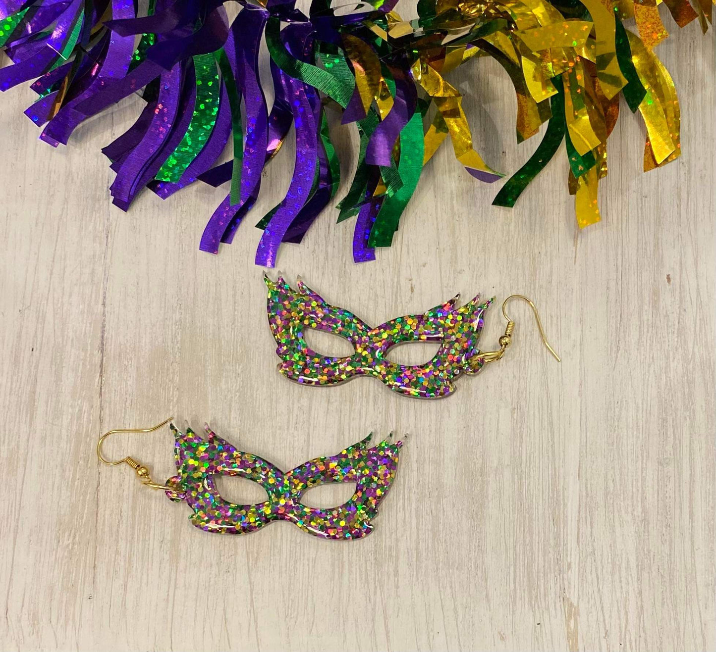 Mardi Gras Mask/ Handmade resin and glitter earrings