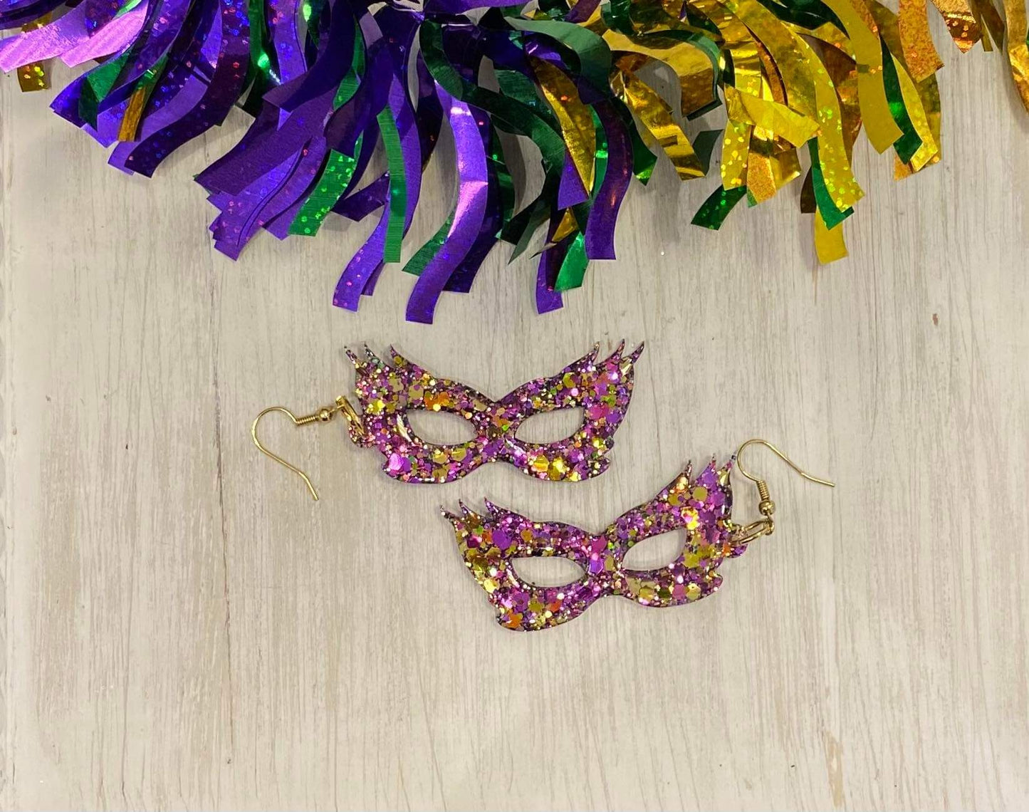 Mardi Gras Mask/ Handmade resin and glitter earrings