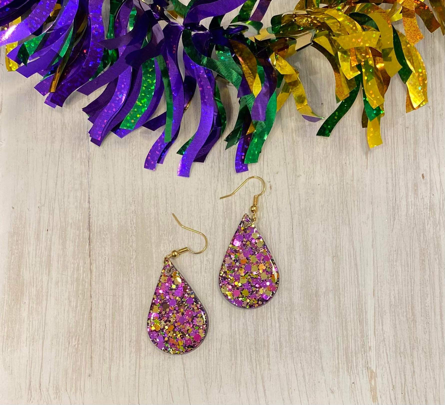 Mardi Gras Teardrop / Handmade resin and glitter earrings