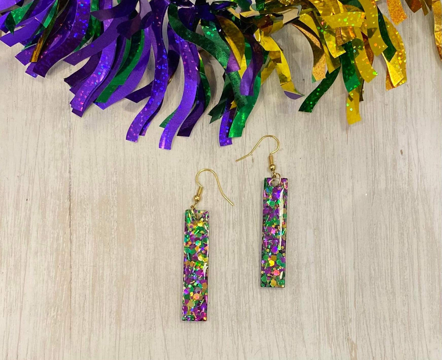Mardi Gras Stick earring / Handmade resin and glitter earrings