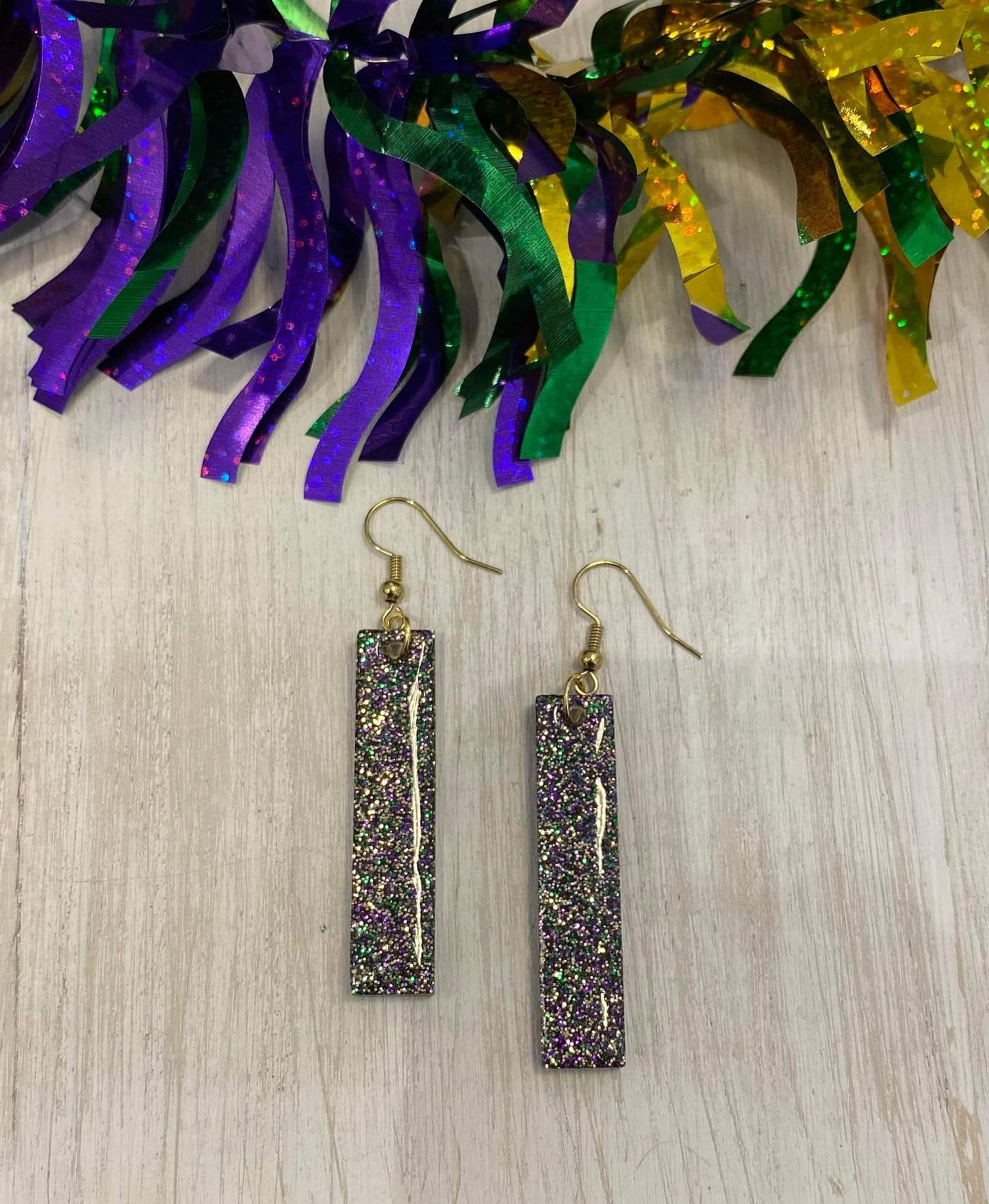 Mardi Gras Stick earring / Handmade resin and glitter earrings