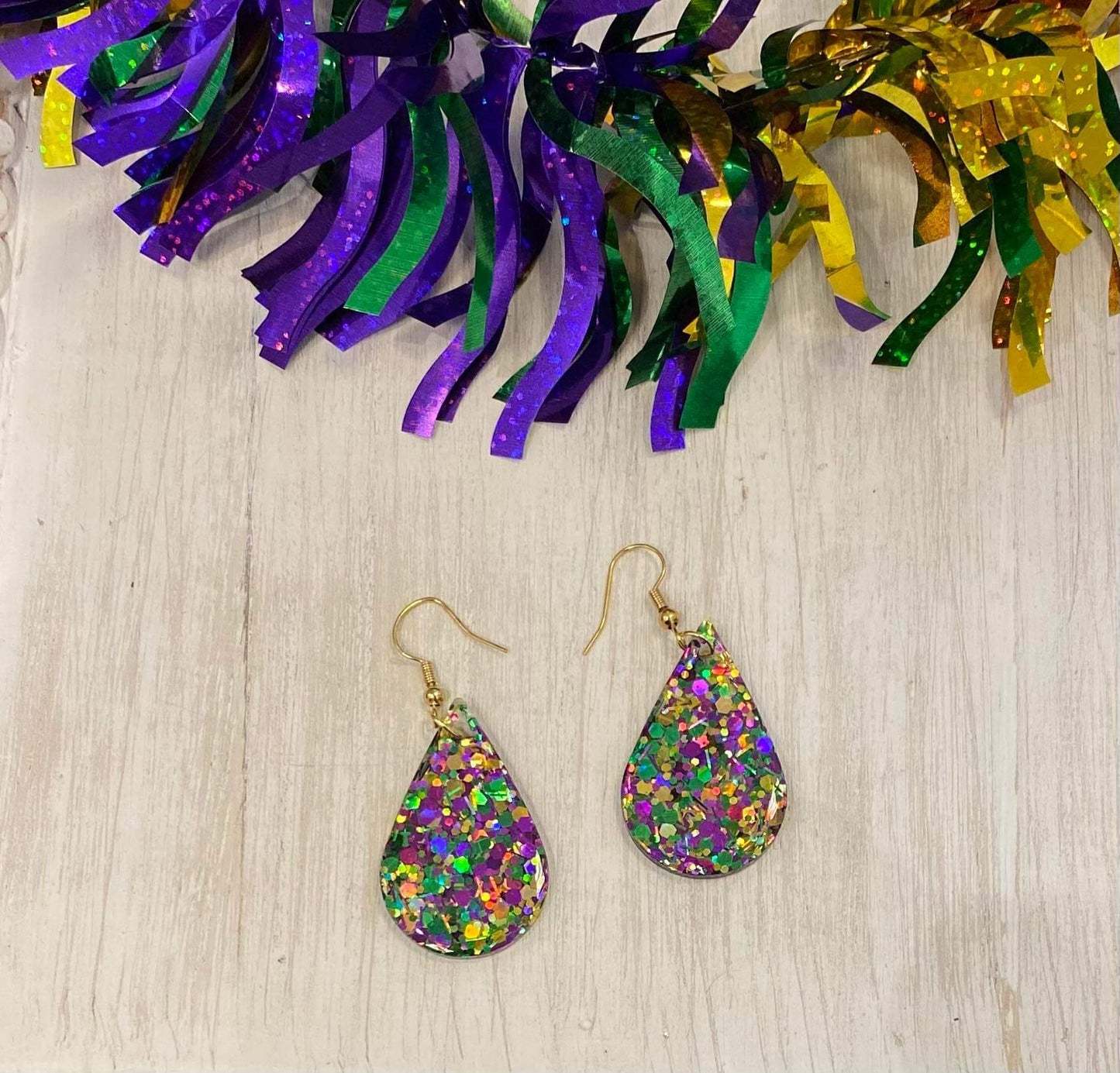 Mardi Gras Teardrop / Handmade resin and glitter earrings