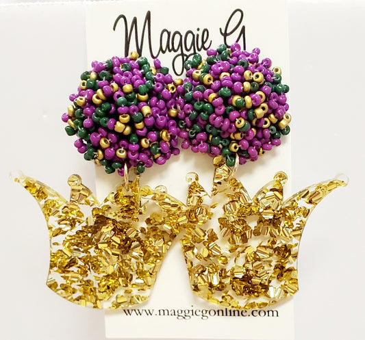 Crown Glitter Acrylic Earrings Seed Bead Top