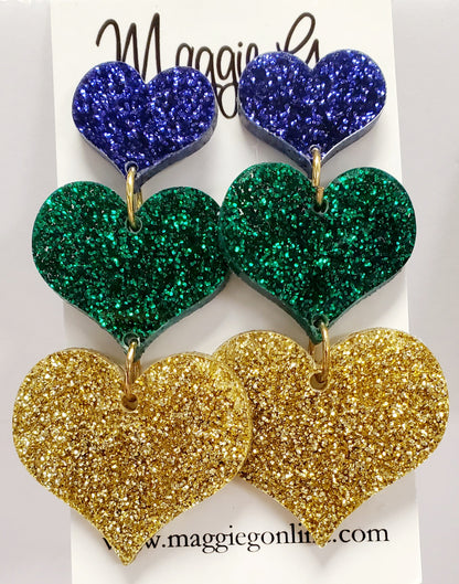 Mardi Gras Heart Earrings Acrylic Earrings
