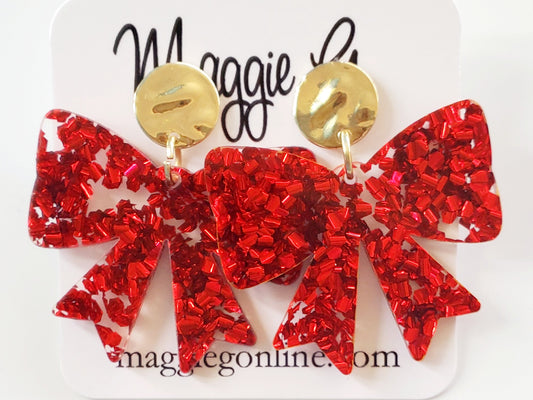 Bow earrings | Custom Earrings | Christmas | Handmade Chunky  Red Glitter