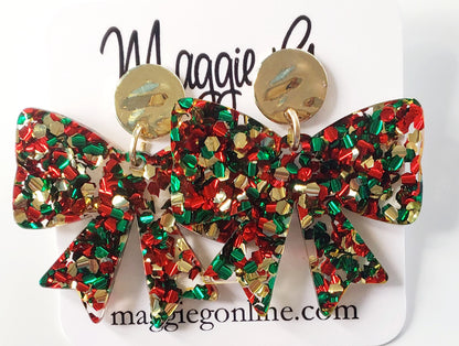 Coquette bow | Bow earrings | Custom Earrings | Christmas | Handmade Chunky Multi Color Glitter