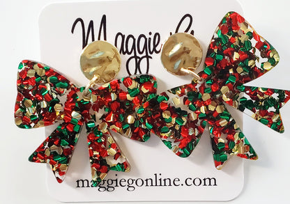 Coquette bow | Bow earrings | Custom Earrings | Christmas | Handmade Chunky Multi Color Glitter