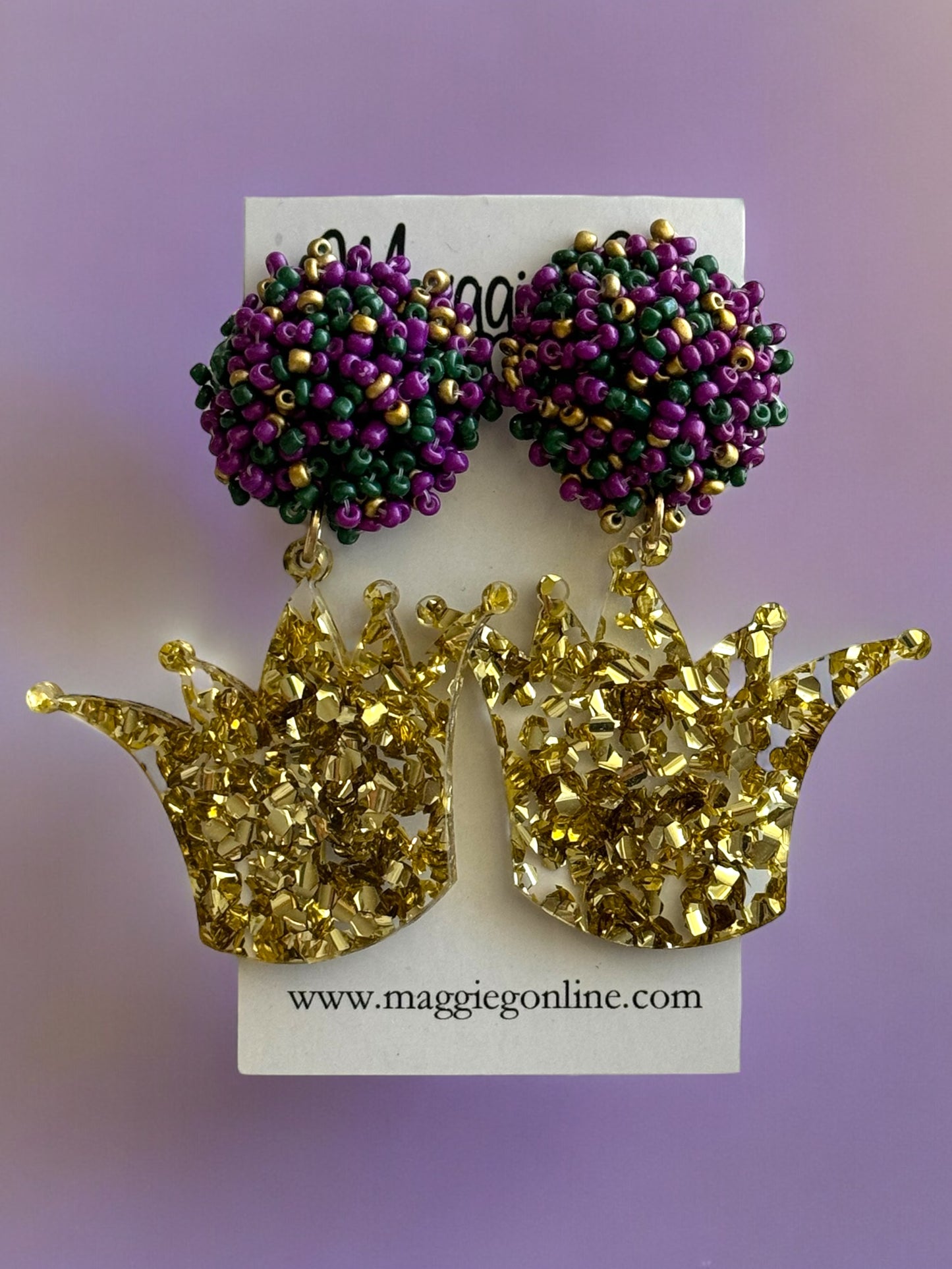 Crown Glitter Acrylic Earrings Seed Bead Top