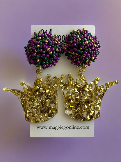 Crown Glitter Acrylic Earrings Seed Bead Top