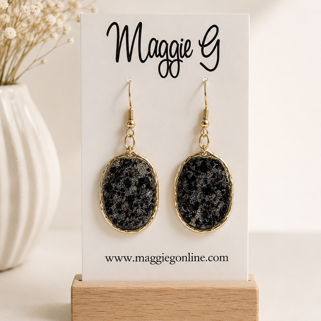 Black Oval Drop Earrings with Gold Trim | Trendy Lightweight Statement Earrings