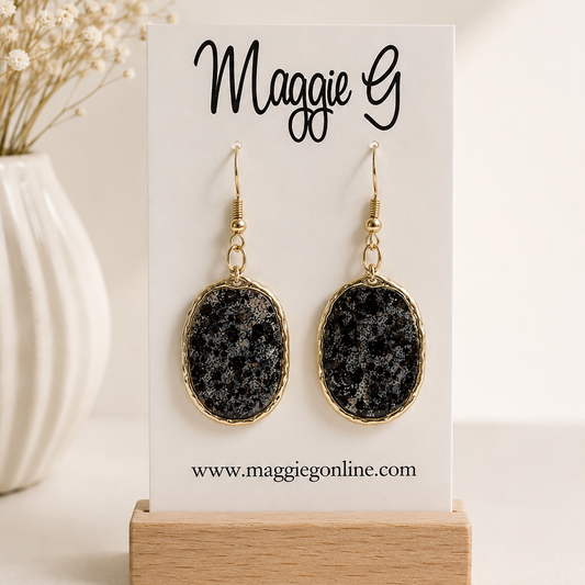 Black Oval Drop Earrings with Gold Trim | Trendy Lightweight Statement Earrings