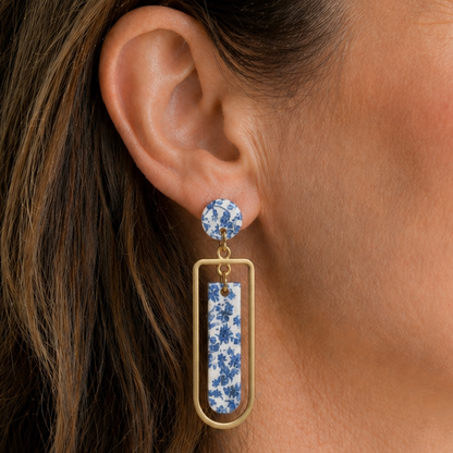 Blue Chinoiserie Floral Acrylic Drop Earrings with Gold Frame