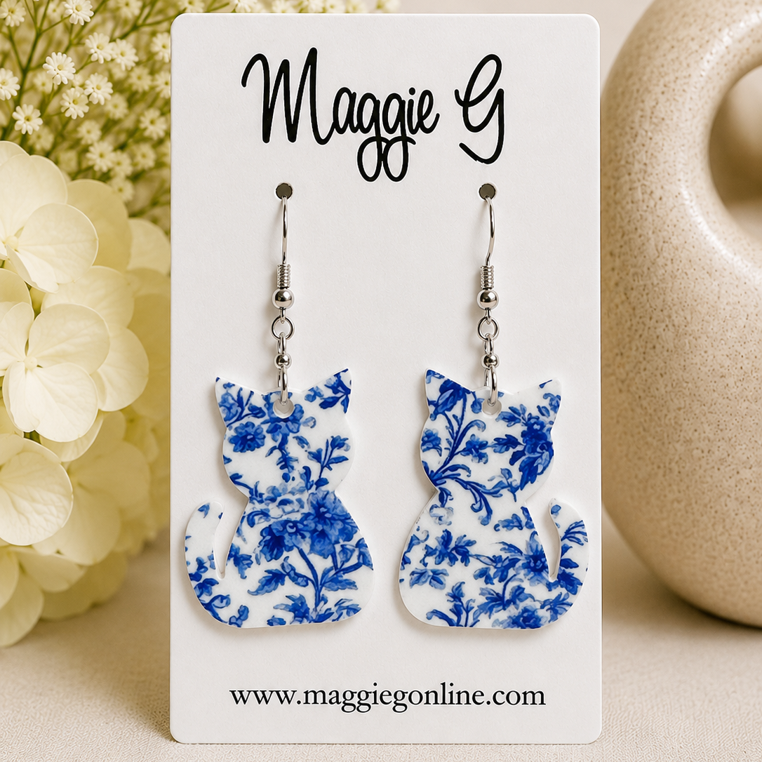 Blue Chinoiserie Cat Dangle Earrings