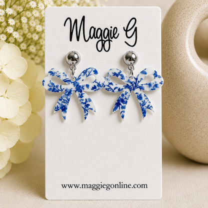 Blue Chinoiserie Coquette Bow Dangle Earrings