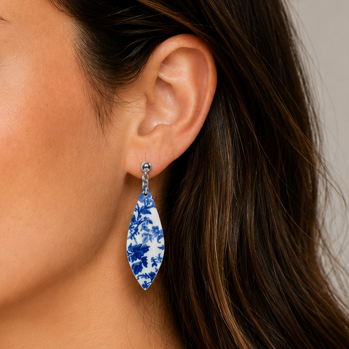 Blue Chinoiserie Dangle Earrings