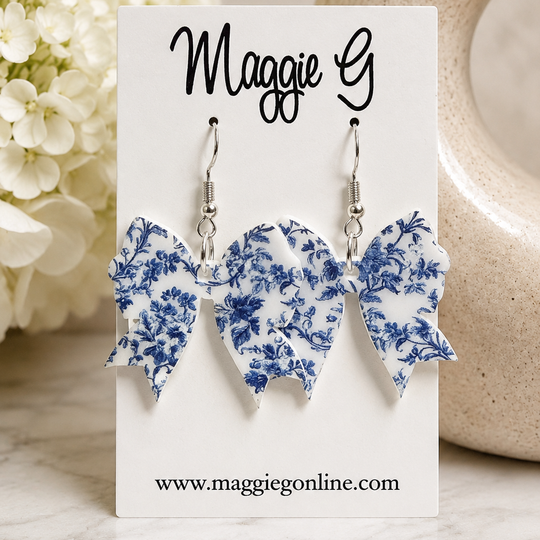 Blue Chinoiserie Coquette Bow Earrings