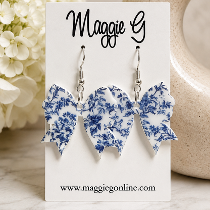 Blue Chinoiserie Coquette Bow Earrings