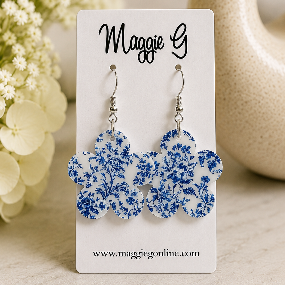 Blue Chinoiserie Floral Flower Dangle Earrings