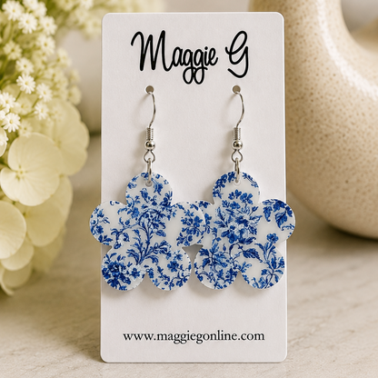 Blue Chinoiserie Floral Flower Dangle Earrings