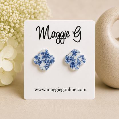 Blue Chinoiserie Quatrefoil Acrylic Stud Earrings