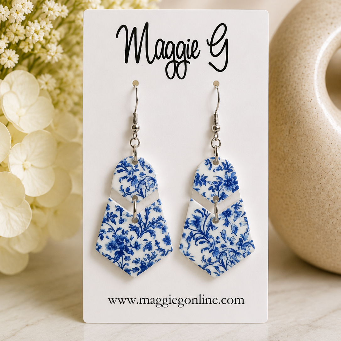 Blue Chinoiserie Geometric Dangle Earrings