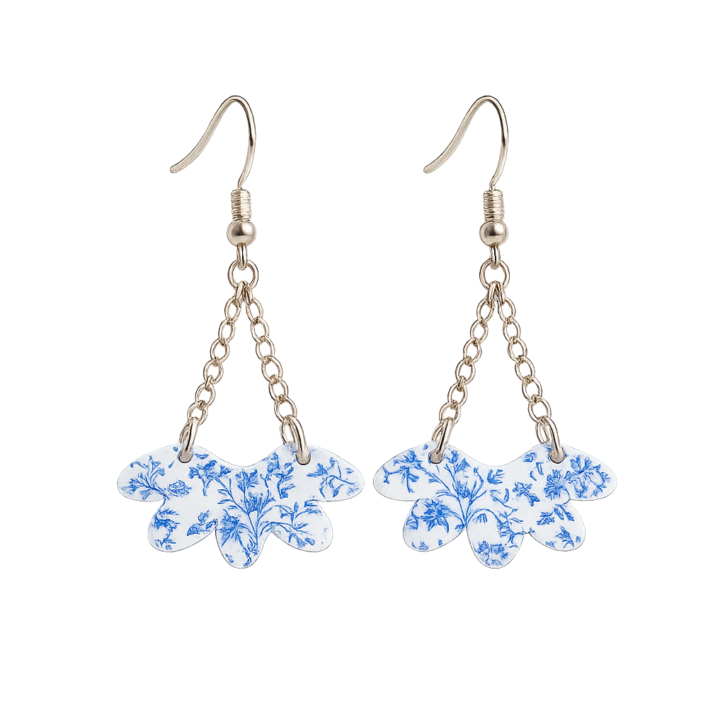 Blue Chinoiserie Floral Acrylic Fan Dangle Earrings | Lightweight Nickel Free Earrings