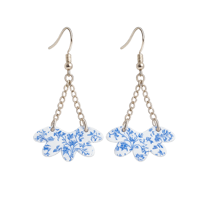 Blue Chinoiserie Floral Acrylic Fan Dangle Earrings | Lightweight Nickel Free Earrings