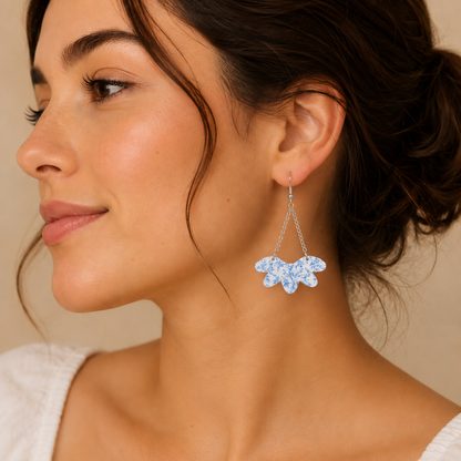 Blue Chinoiserie Floral Acrylic Fan Dangle Earrings | Lightweight Nickel Free Earrings