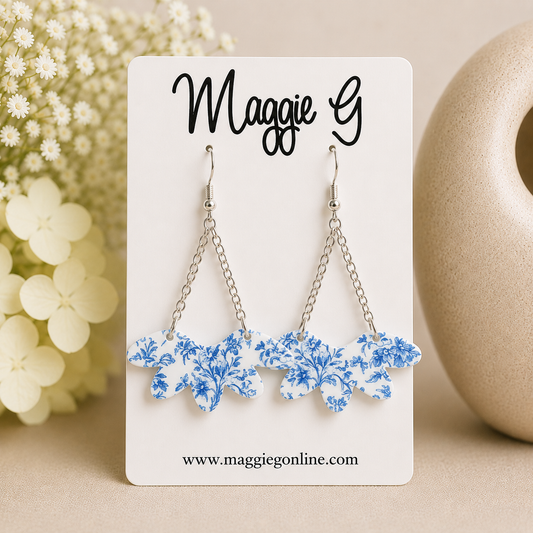 Blue Chinoiserie Floral Acrylic Fan Dangle Earrings | Lightweight Nickel Free Earrings