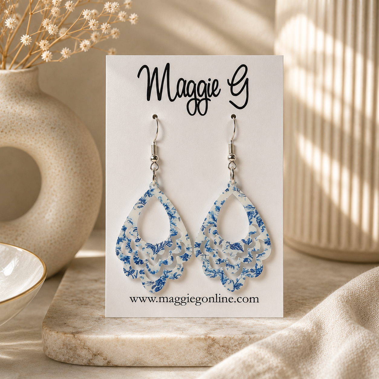 Trendy Blue Chinoiserie Floral Acrylic Statement Earrings