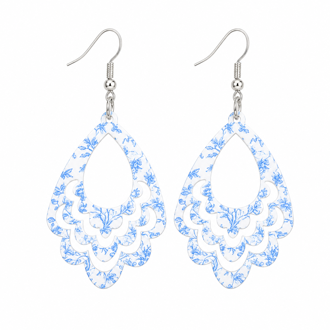Trendy Blue Chinoiserie Floral Acrylic Statement Earrings