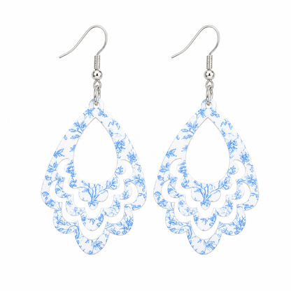 Trendy Blue Chinoiserie Floral Acrylic Statement Earrings